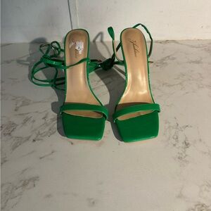 Green Strappy Square-Toe Heels